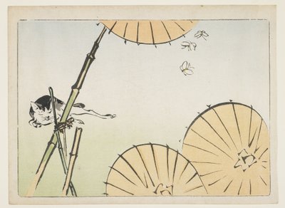 Bamboo, Umbrellas, a Cat and Butterflies by Shibata Zeshin